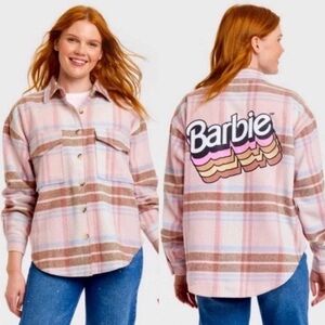 Barbie Plaid Flannel Shirt | Size XS | Pink and Grey | Barbie Logo